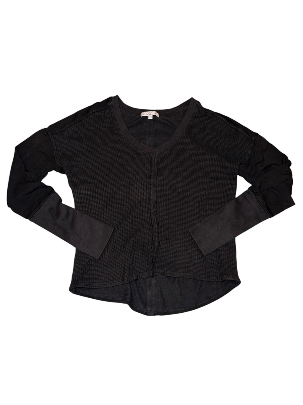 Red Haute Black Mixed Media Waffle Knit V Neck Long Sleeve Top Size XS